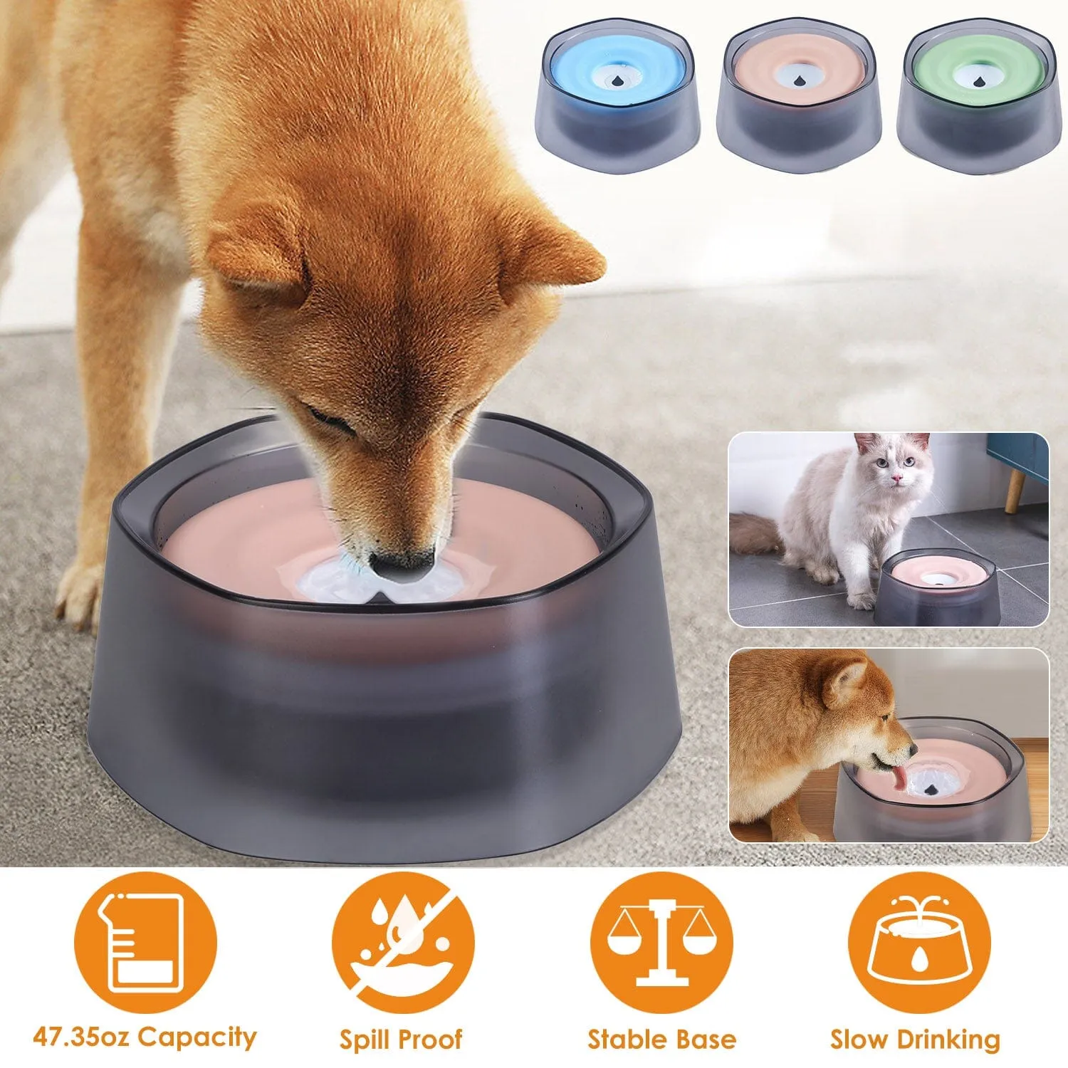 No Spill Dog Cat Water Bowl Spill Proof Slow Water Feeder