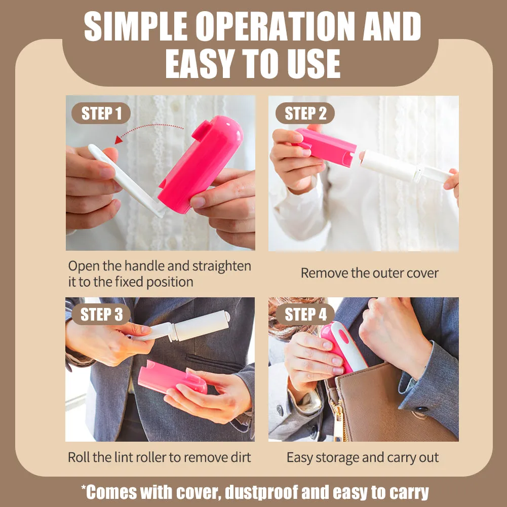Travel Size Mini Lint Roller for Pet Hair Dust on Clothes Refillable Lint Roller Foldable Portable Sticky Roller with Extra Refills,Dust Tape Roller Pink Length 3.7 Inch 90 Sheets Purse